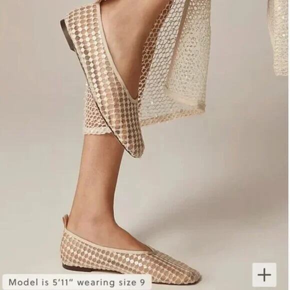 J. Crew Quinn Embellished Ballet Flats in Mesh Cream SZ 7.5 Sheer Square Toe EUC - Picture 1 of 12